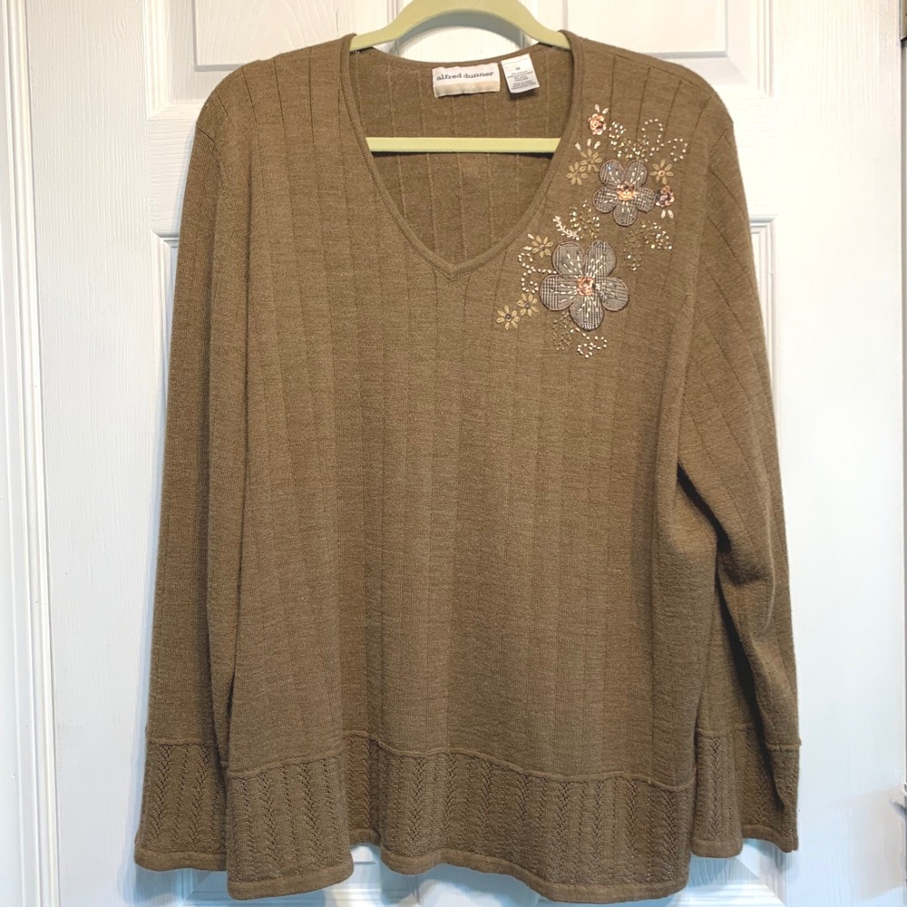 Alfred Dunner Sweater 3X Brown Floral Embroidered V-Neck Ribbed Wool Blend Fall